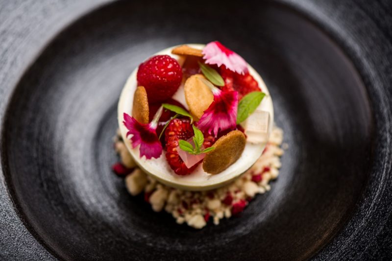 White chocolate and raspberry cheesecake, olive oil shortbread, verbena