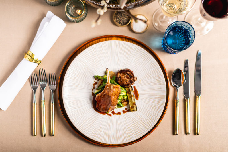 Roast cutlet of lamb, crispy lamb belly, pickled cucumber, crushed new-potatoes, salad of peas, asparagus and broad beans